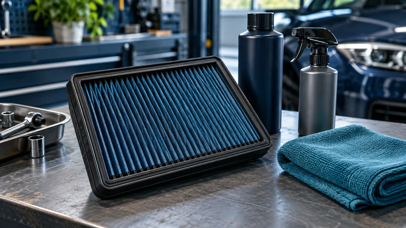 Illustrative reusable air filter and maintenance bottles on a garage workbench