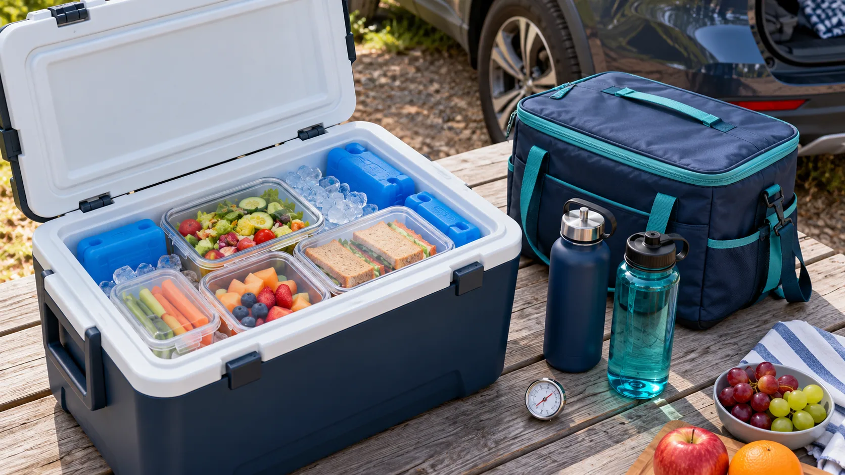 Illustrative road trip picnic setup with a packed hard cooler and a soft cooler beside a car