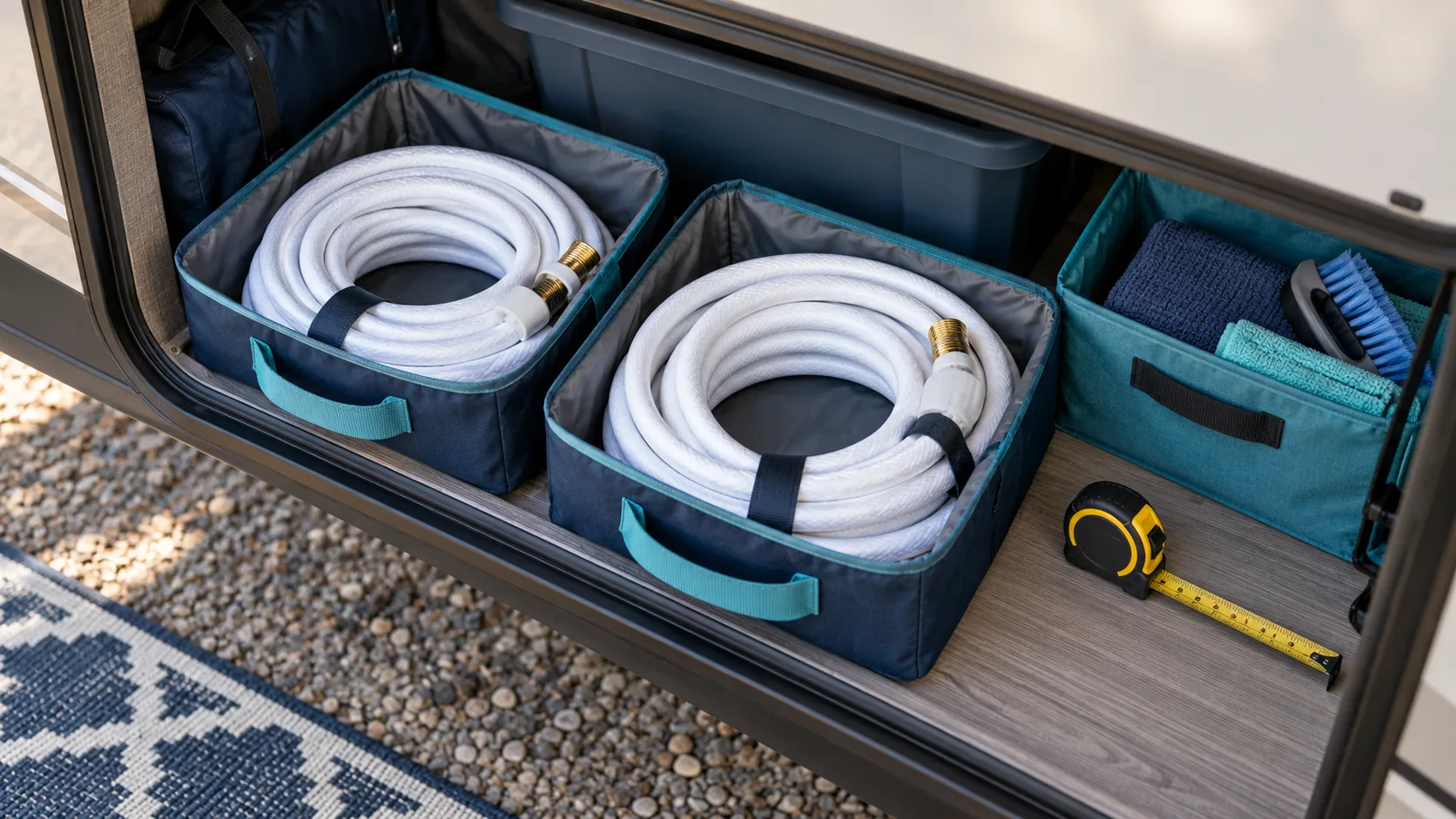 Illustrative RV compartment with two clean water hose coils in separate storage bags