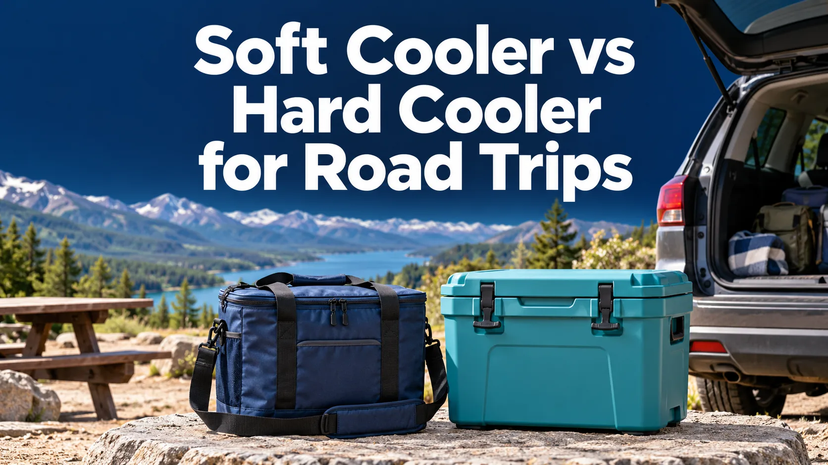 Illustrative soft and hard coolers beside an SUV with the Soft Cooler vs Hard Cooler for Road Trips title