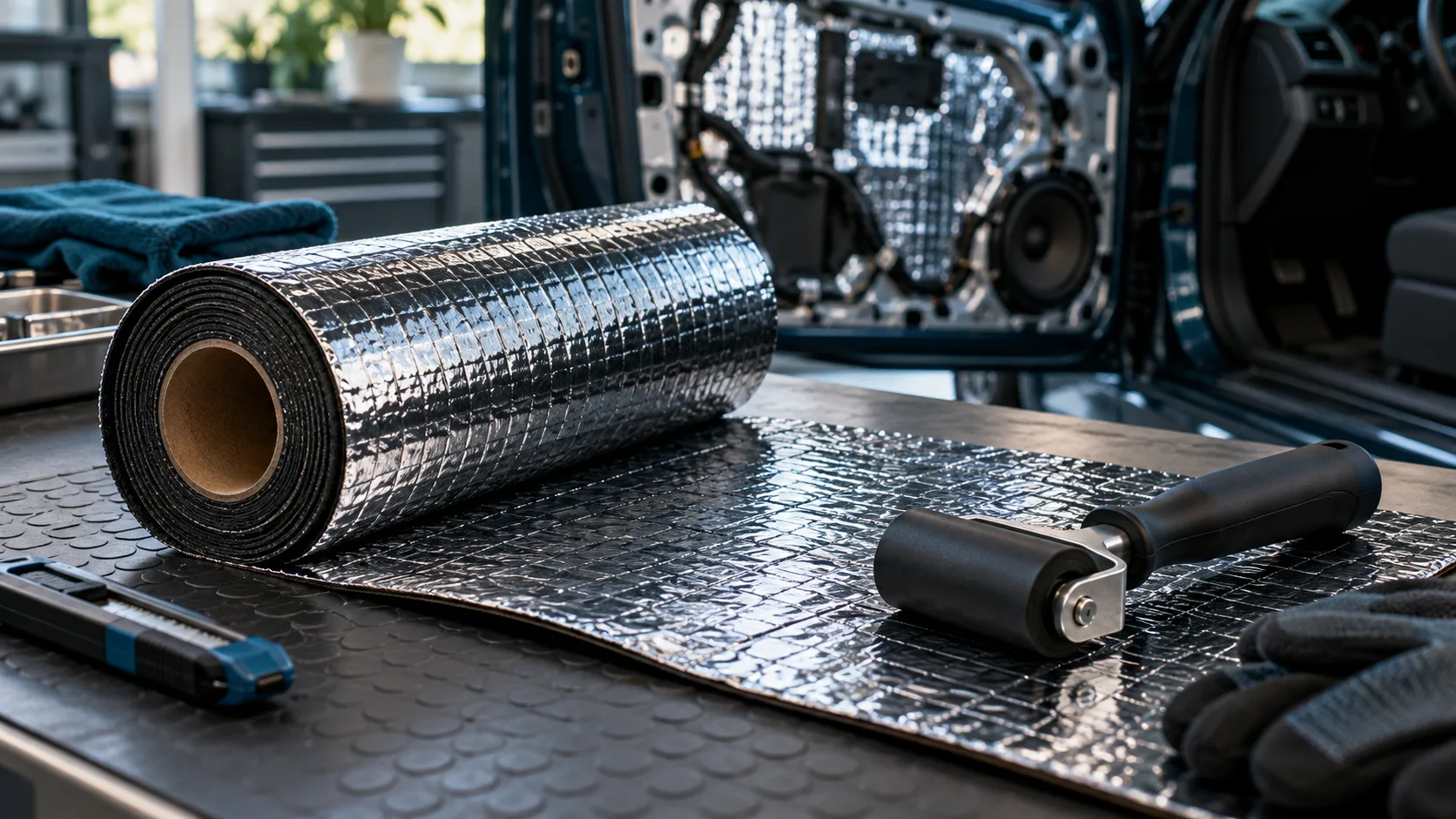 Illustrative automotive damping sheets and roller on a workshop table