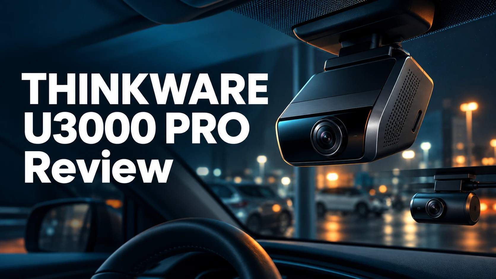 THINKWARE U3000 PRO review cover with an editorial illustration of generic front and rear dash cameras