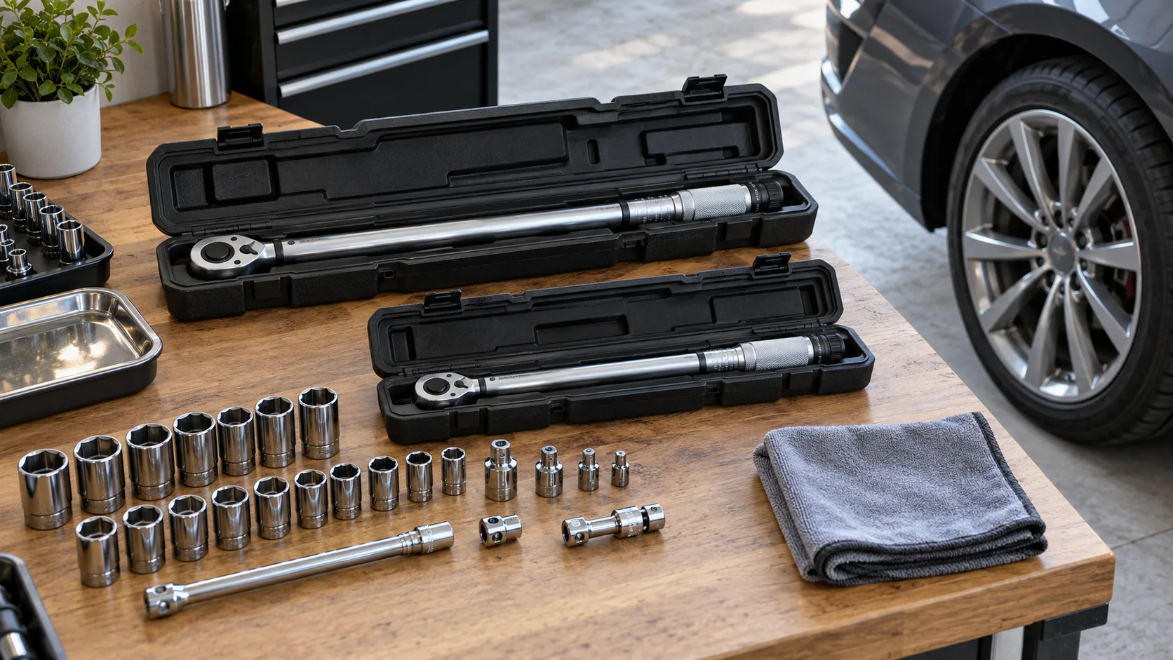 Illustrative garage workbench with two torque wrenches in open cases and organized sockets