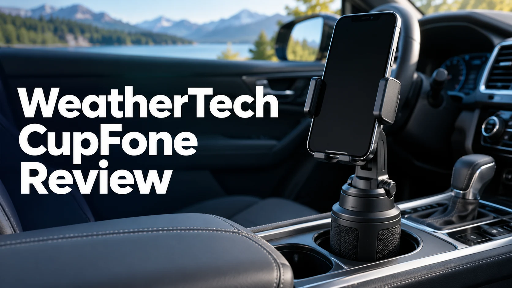 WeatherTech CupFone Review title with an illustration of a generic cup-holder phone mount